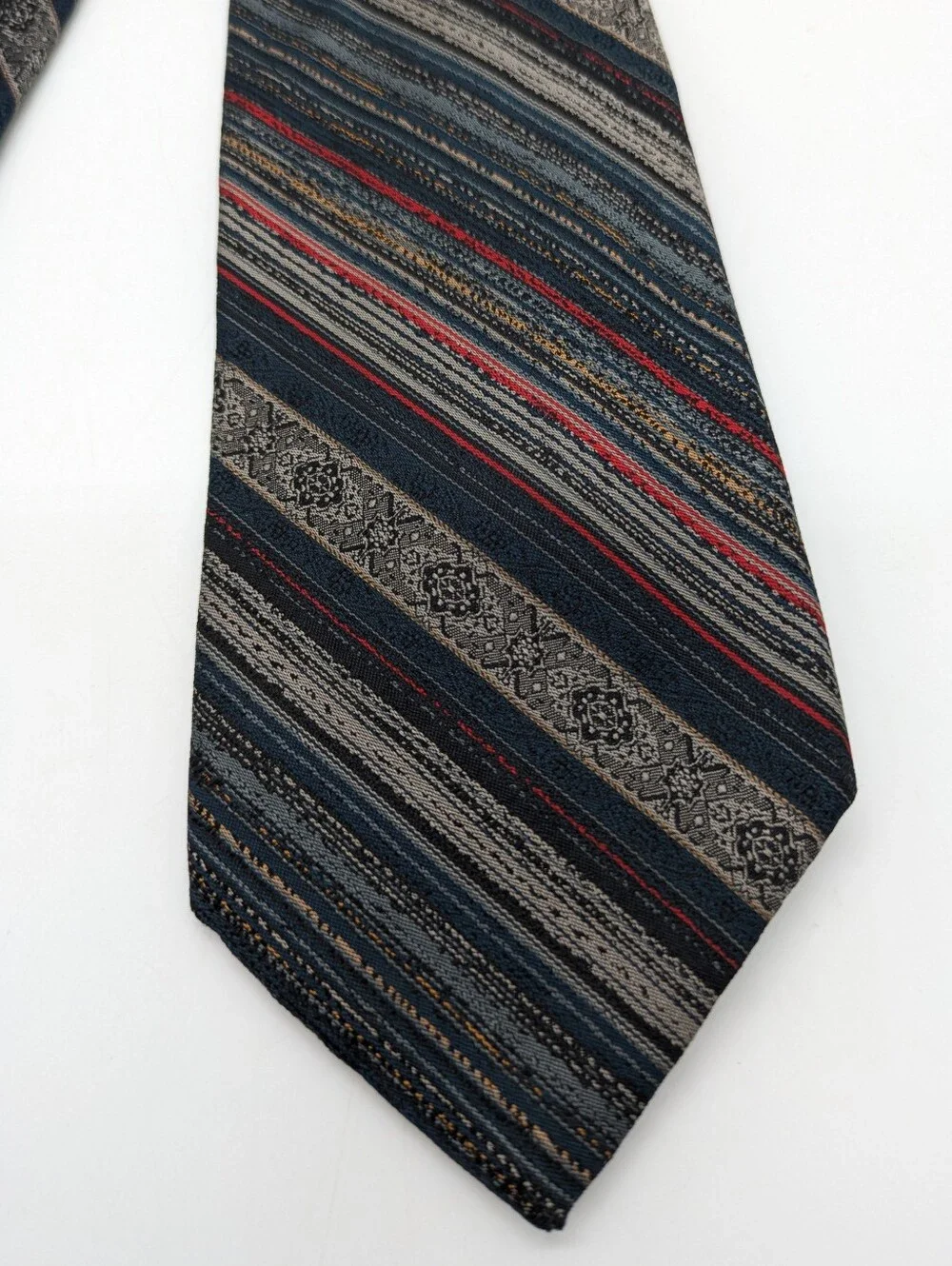 Vintage Blocks X'Andrinin Blue Grey Red Striped Silk Mens Tie